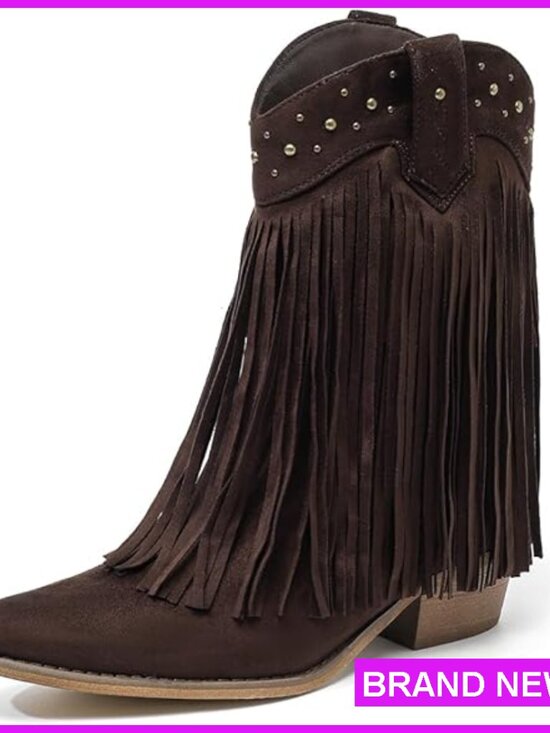 Western Cowboy Boots Pointed Toe Pull On Block Heel Classic Cowgirl Chic